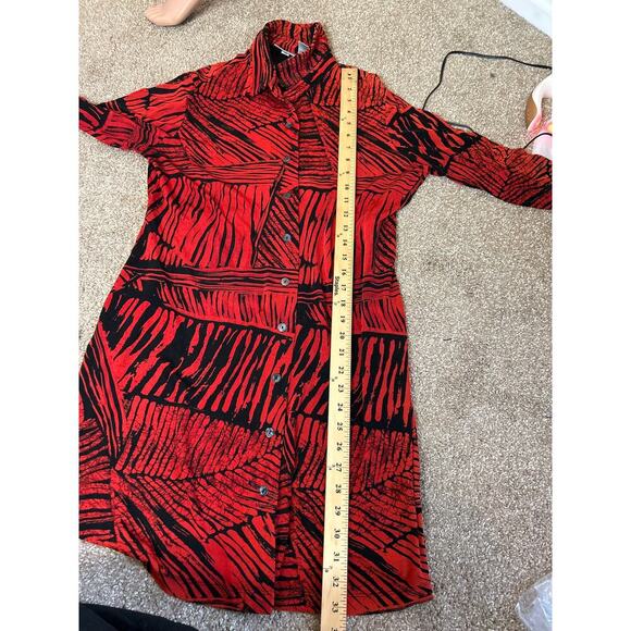 CHICO'S TRAVELERS RED/BLACK DRESS SZ 1 (LG) button up slinky spandex knee length - Picture 6 of 7